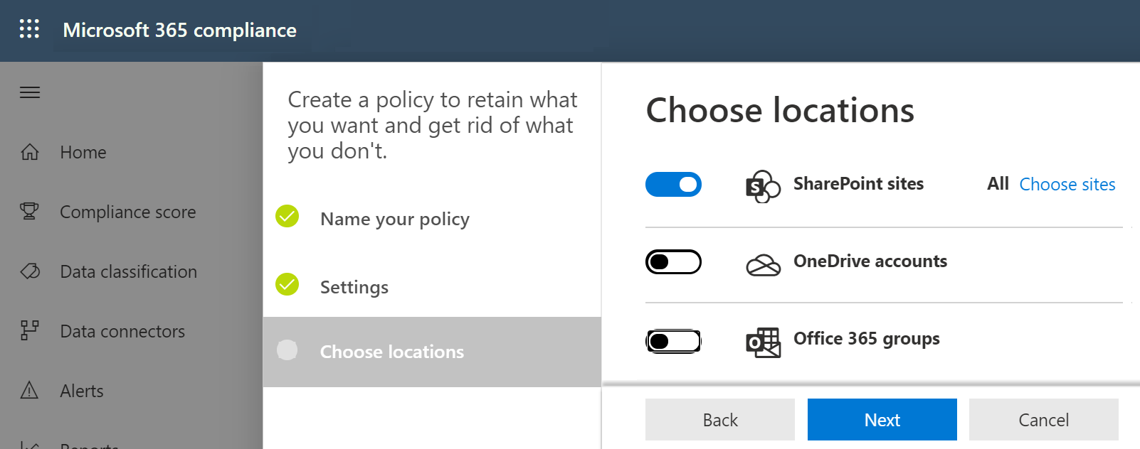 Retention policies data locations