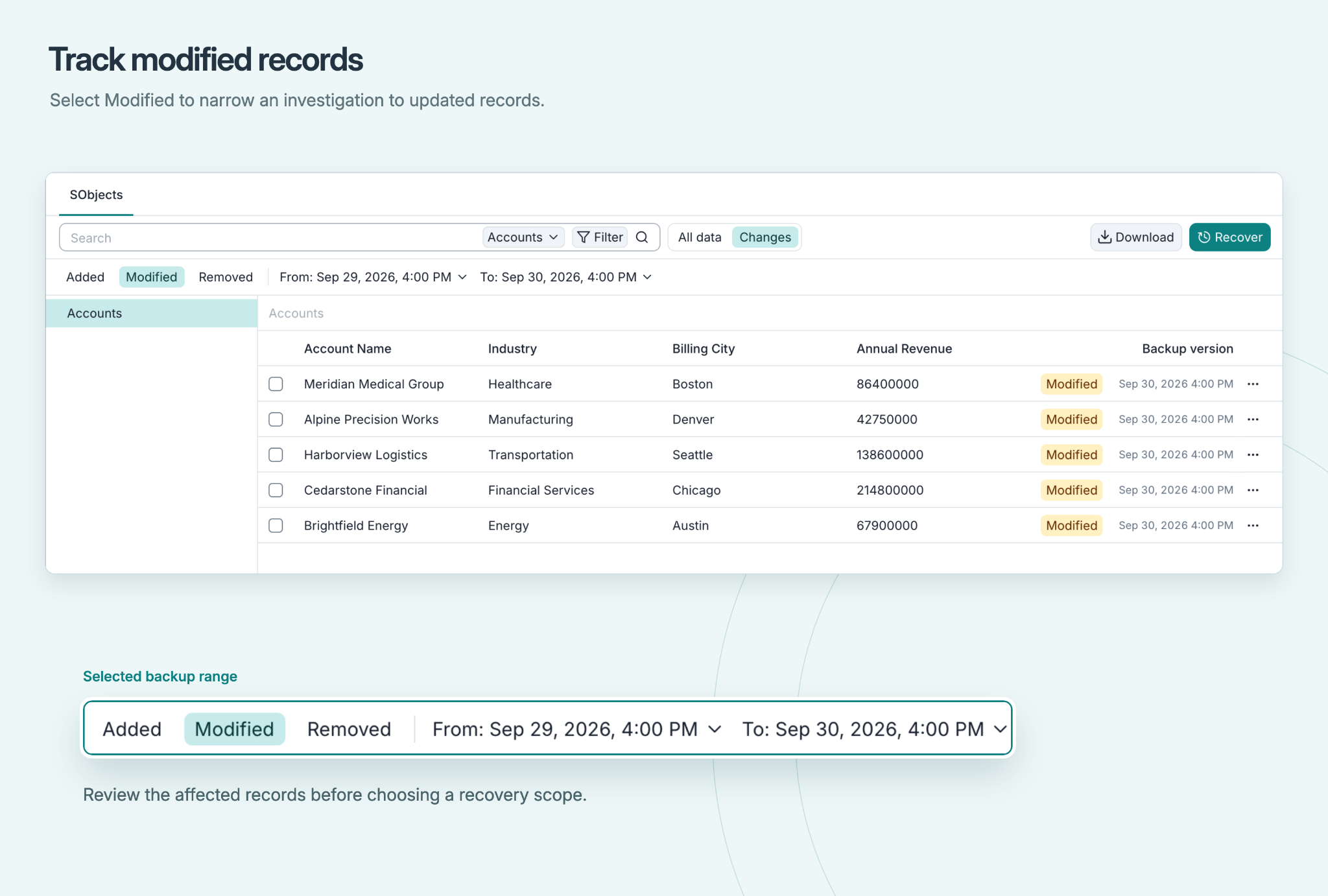 Afi Changes view with Modified selected and a backup date range above the affected Account records.