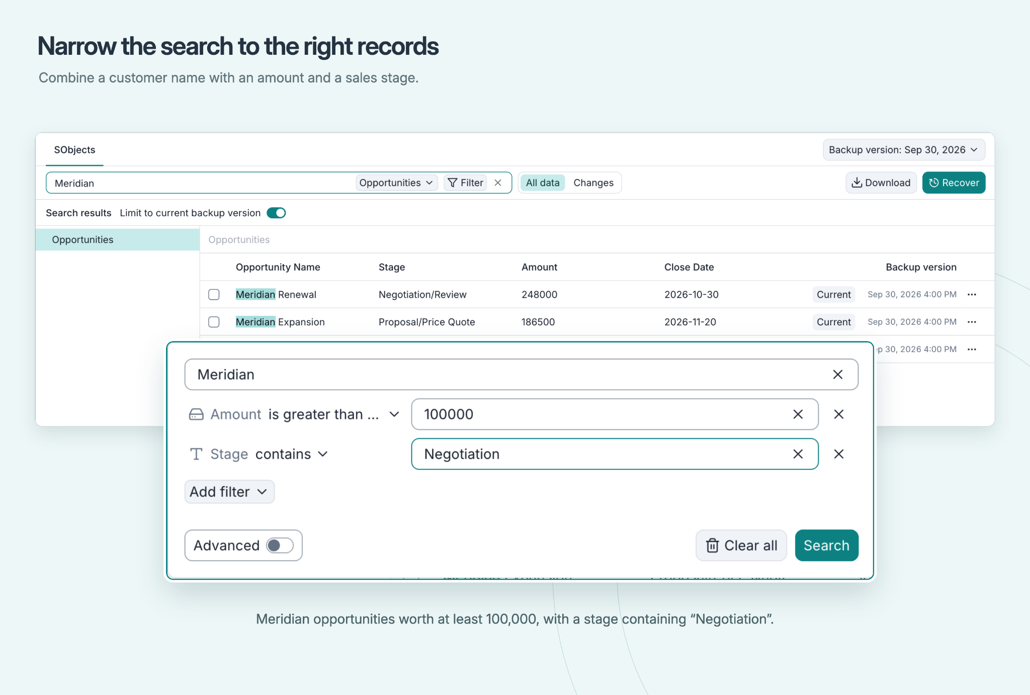 Salesforce search with a customer name, an amount filter and a sales-stage filter.