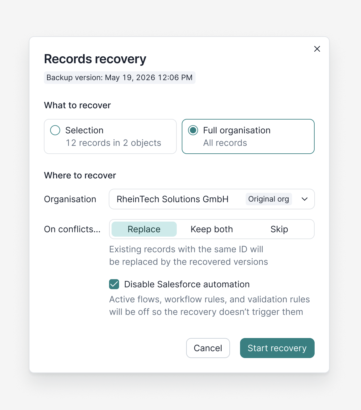 Salesforce records recovery dialog showing recovery scope, destination organisation, conflict options and the Salesforce automation setting.